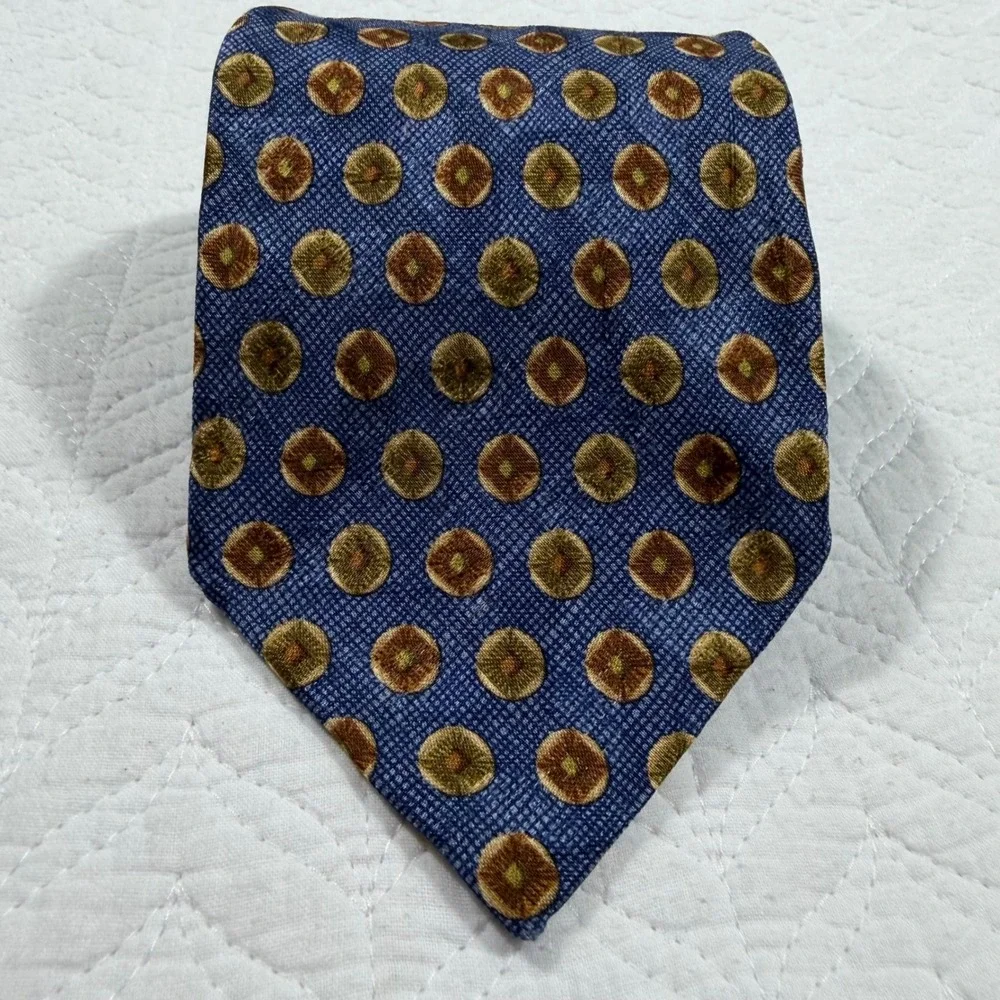 Ermenegildo Zegna Mens Tie 100% Silk‎ Italy Geometric Medallion Blue Gold EUC